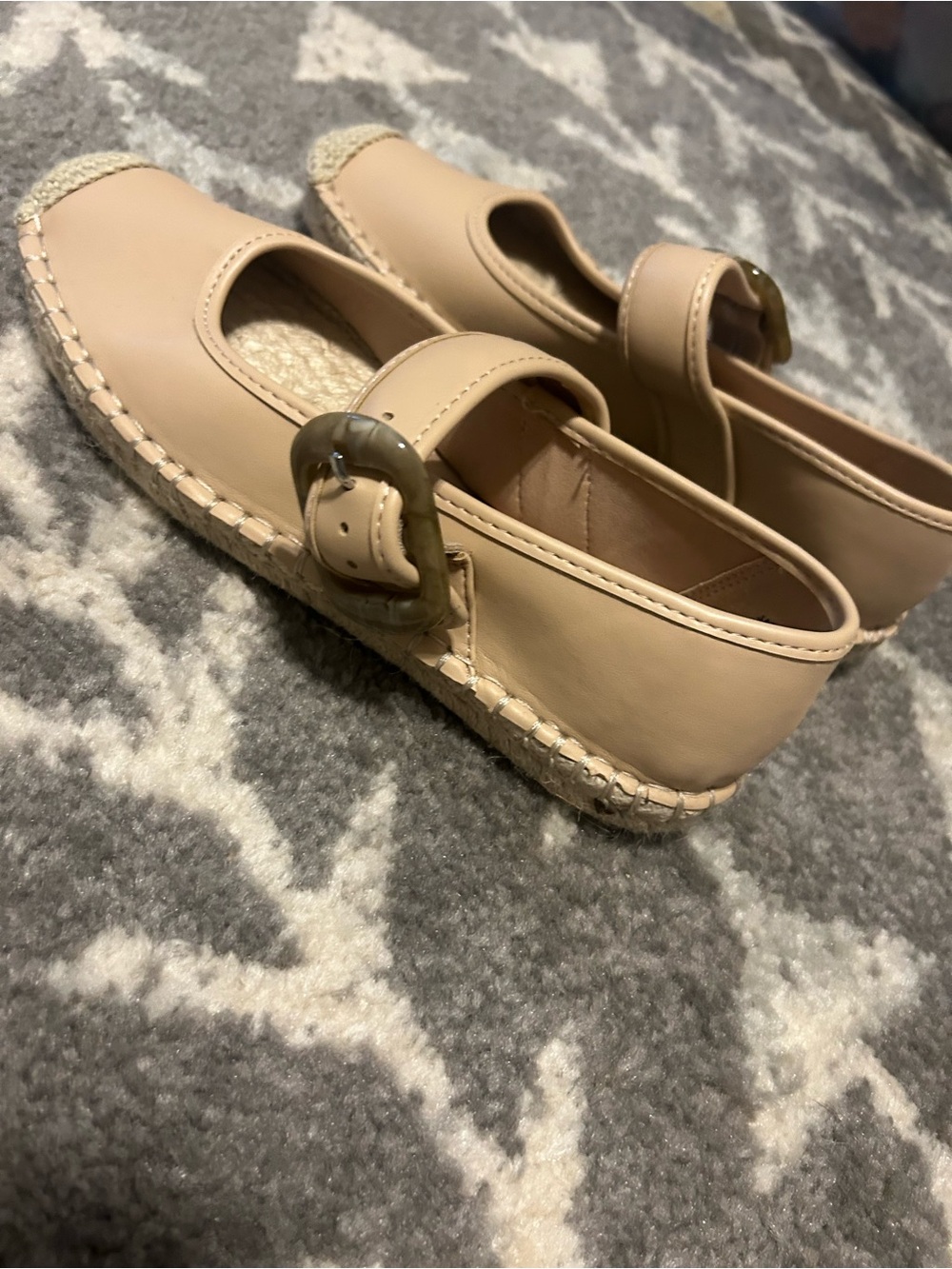 Beige Mary Jane Espadrille Flats with Decorative Buckle